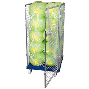 Rollbox mit Drahtgitterwänden, 4-seitig (1 Tür), Nutzhöhe 1350 mm, BxTxH 810x720x1500 mm, Bodenplatte aus HDPE, RAL 5010 enzianblau