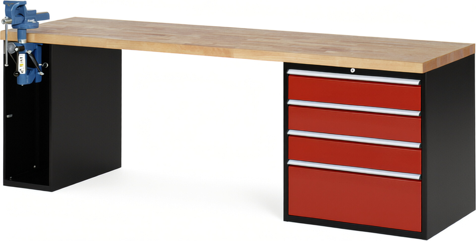 RAU Werkbank schwarz - rot - Breite 250 cm - Tiefe 70 cm - Höhe 89 cm - Buche-Massiv Arbeitsplatte 40 mm