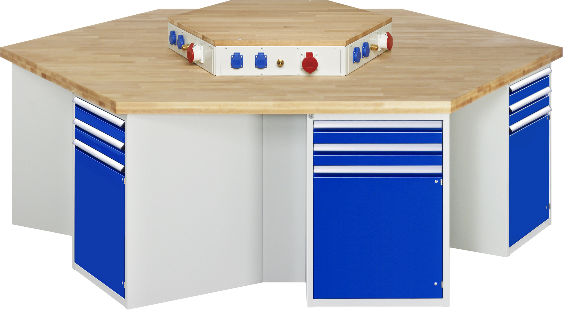 Gruppenwerkbank Modell 492,  BxTxH 2700x2340x900 mm,  Buche-Massiv Arbeitsplatte 50 mm,  12 Schubladen mit  Vollauszug 100 % und  SoftClosing