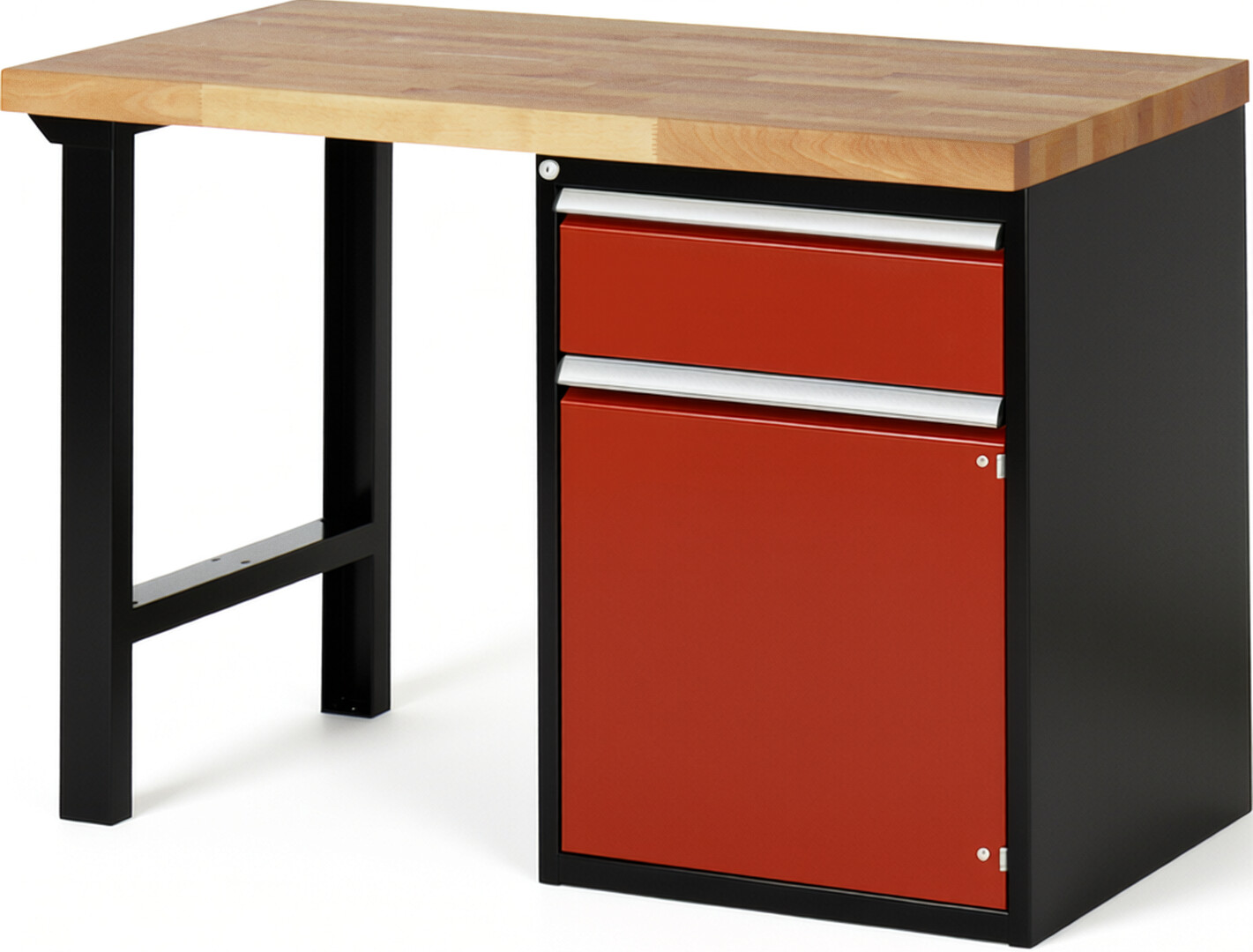 RAU Werkbank schwarz - rot - Breite 125 cm - Tiefe 70 cm - Höhe 84 cm - Buche-Massiv Arbeitsplatte 40 mm