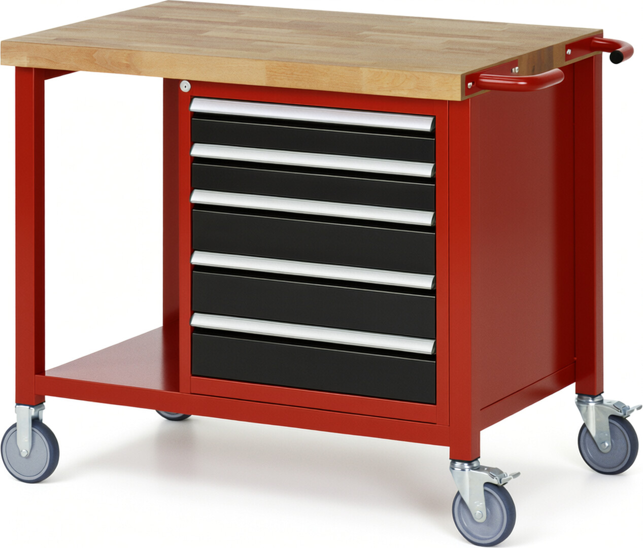 RAU Werkbank rot - schwarz - Breite 100 cm - Tiefe 70 cm - Höhe 108 cm - Buche-Massiv Arbeitsplatte 40 mm