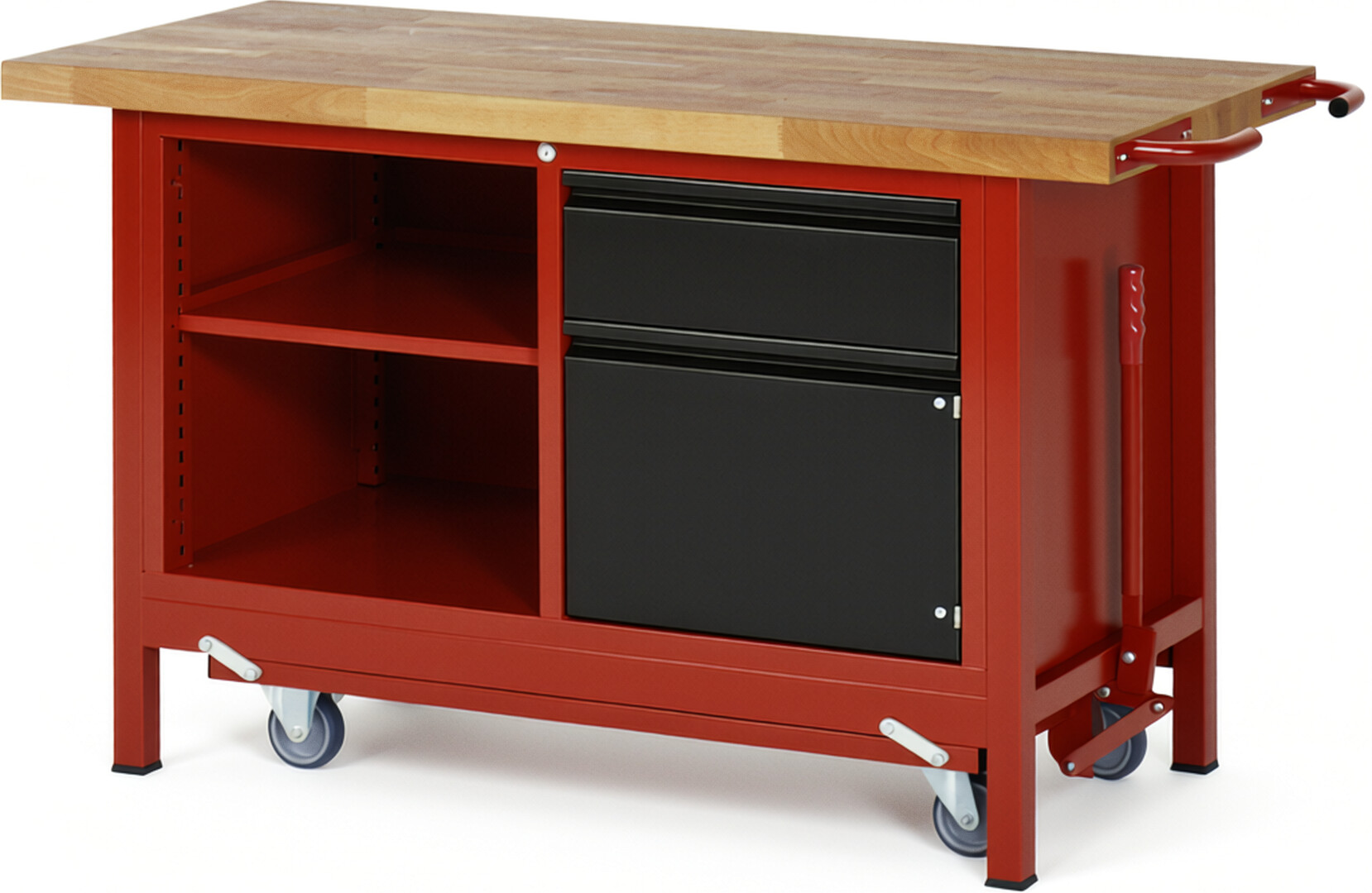 Absenkbare Werkbank - Modell 8461 BASIC rot - schwarz, BxTxH 1500x700x880 mm,  Buche-Massiv Arbeitsplatte 40 mm,  1 Schublade mit  Auszug 90 %