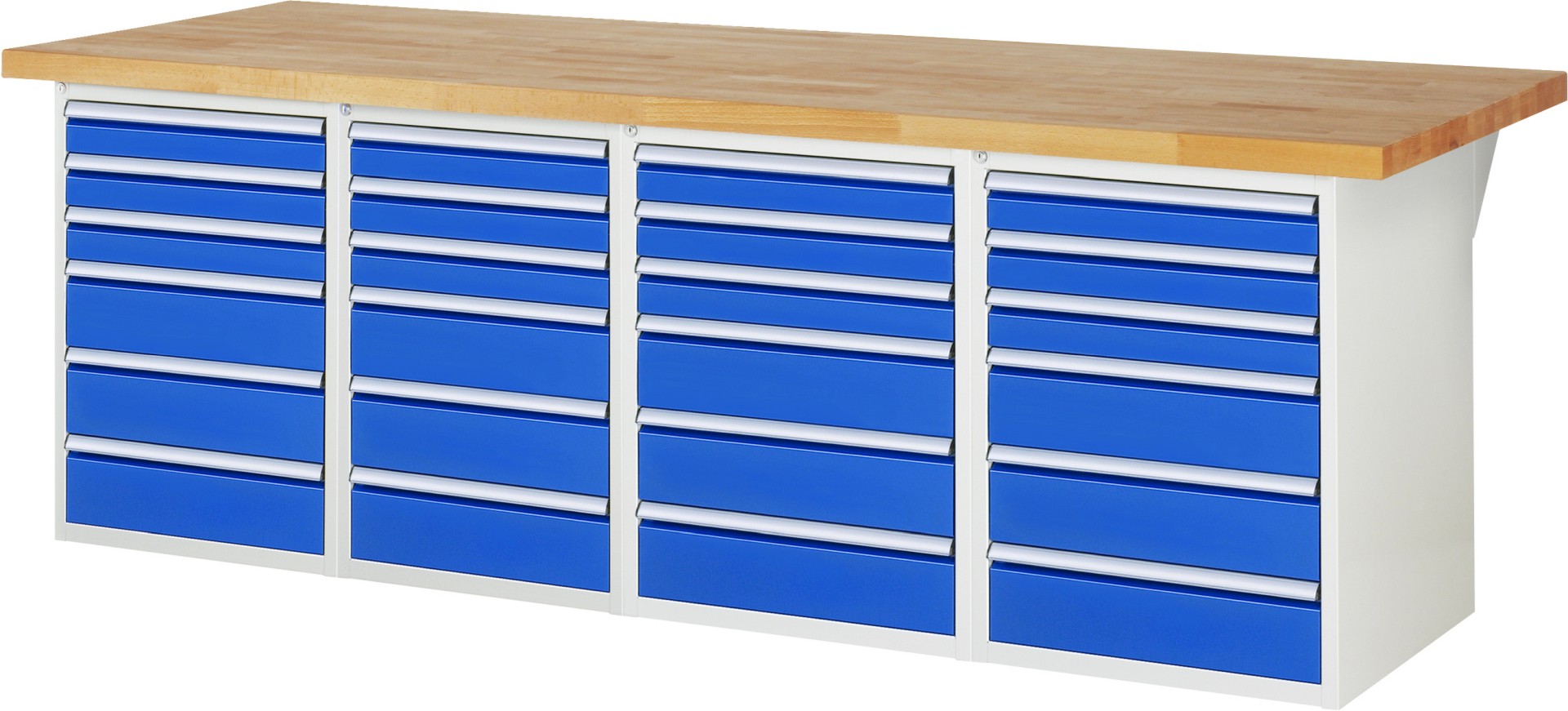 Werkbank Modell 7515 rot - schwarz, BxTxH 2500x900x840 mm,  Buche-Massiv Arbeitsplatte 40 mm,  24 Schubladen mit  Auszug 90 %