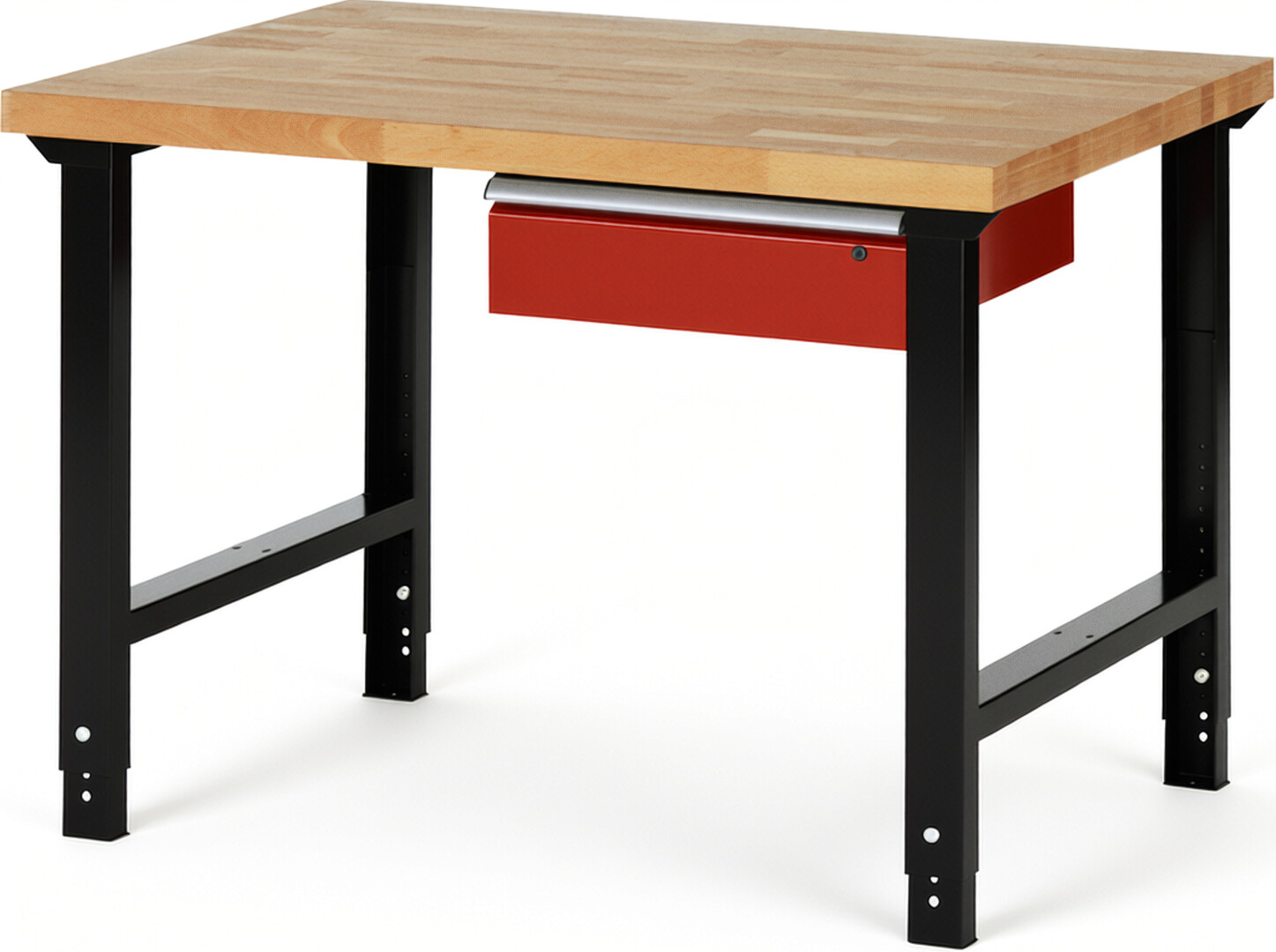 RAU Werkbank schwarz - rot - Breite 125 cm - Tiefe 90 cm - Höhe 114 cm - Buche-Massiv Arbeitsplatte 40 mm