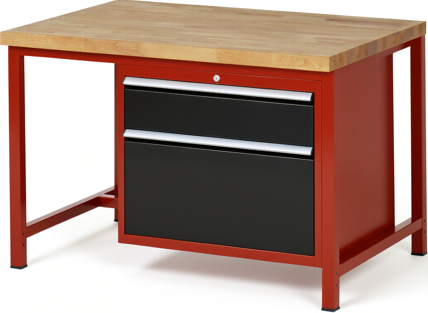 Werkbank Modell 8256 rot - schwarz, BxTxH 1250x900x840 mm,  Buche-Massiv Arbeitsplatte 40 mm,  2 Schubladen mit  Vollauszug 100 % und  SoftClosing