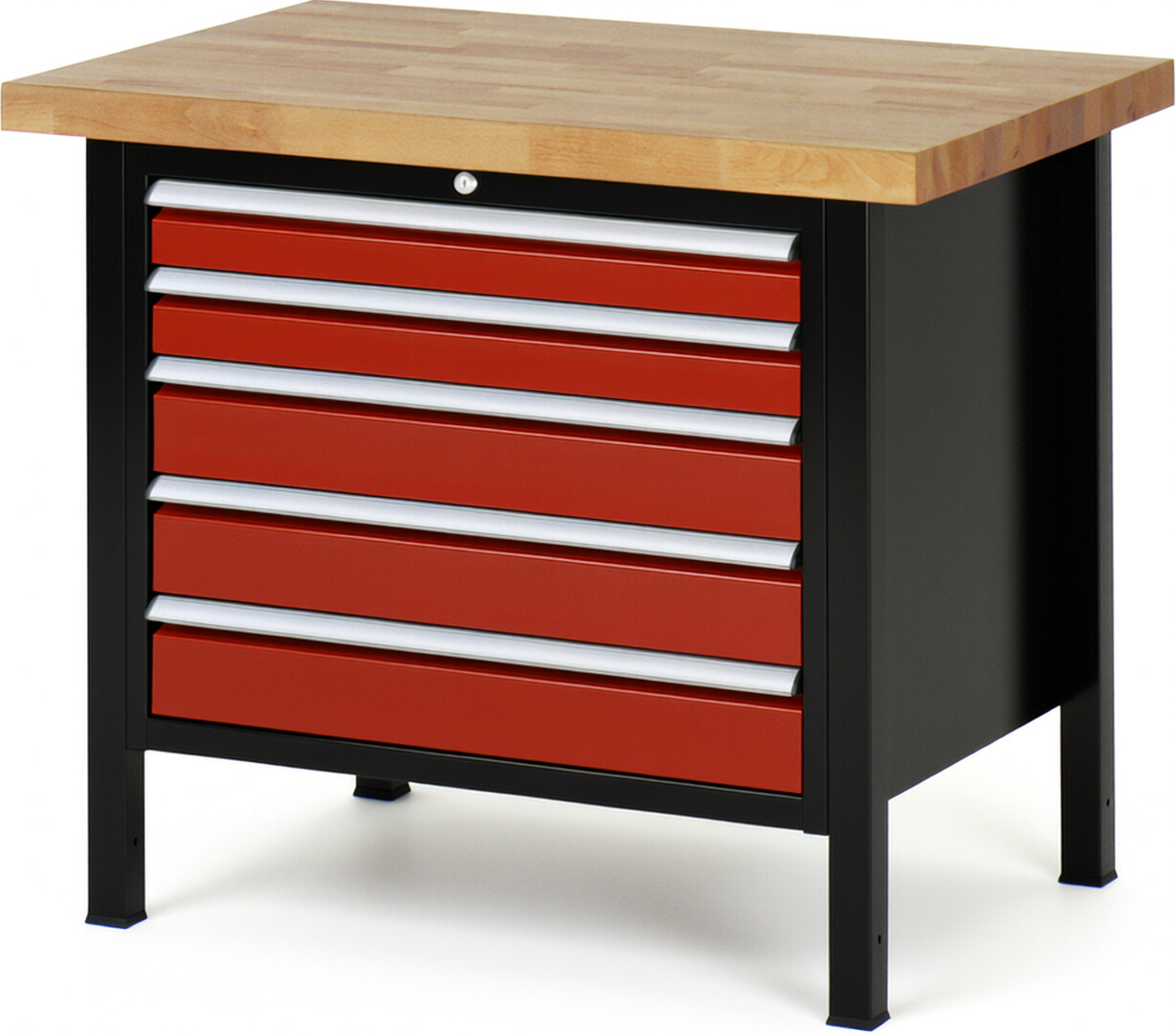 Werkbank Modell 8271 schwarz-rot, BxTxH 1000x700x840 mm,  Buche-Massiv Arbeitsplatte 40 mm,  5 Schubladen mit  Auszug 90 %