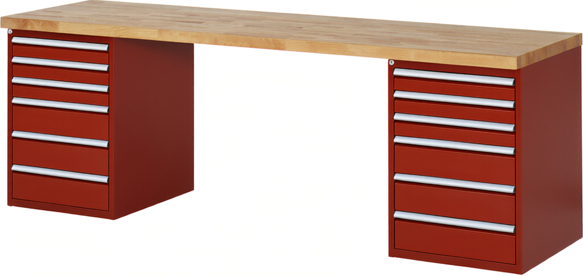 RAU Werkbank rot - Breite 250 cm - Tiefe 70 cm - Höhe 84 cm - Buche-Massiv Arbeitsplatte 40 mm