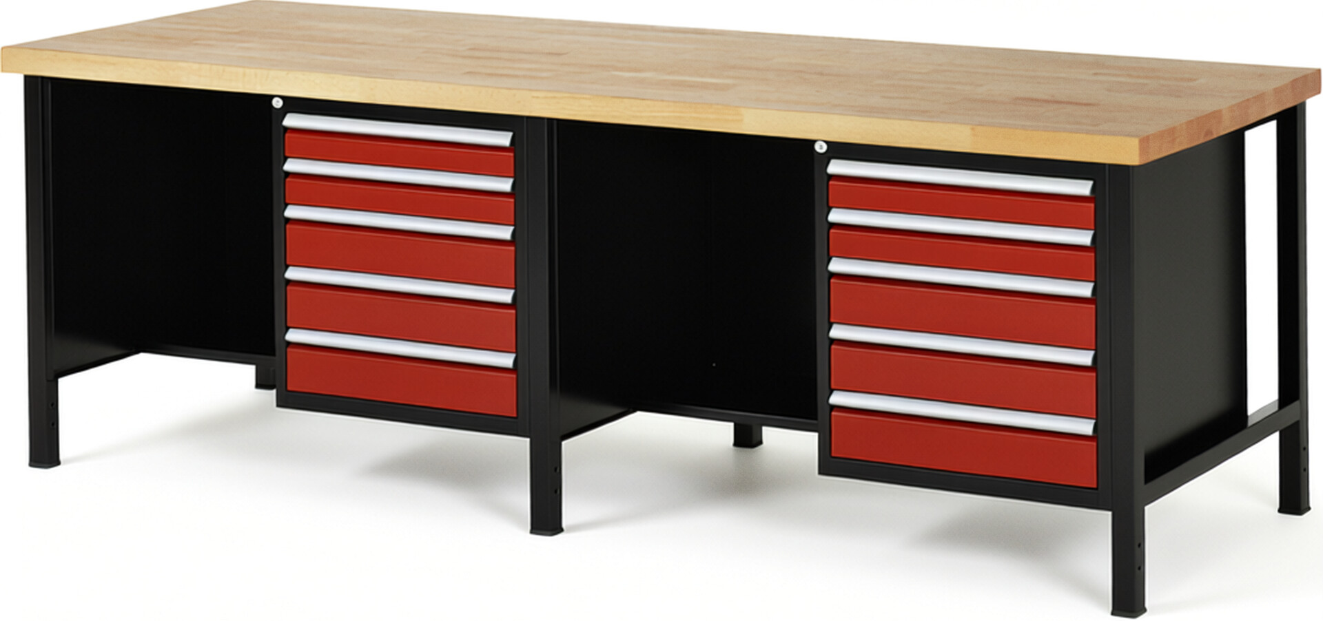 RAU Werkbank schwarz - rot - Breite 250 cm - Tiefe 90 cm - Höhe 104 cm - Buche-Massiv Arbeitsplatte 40 mm