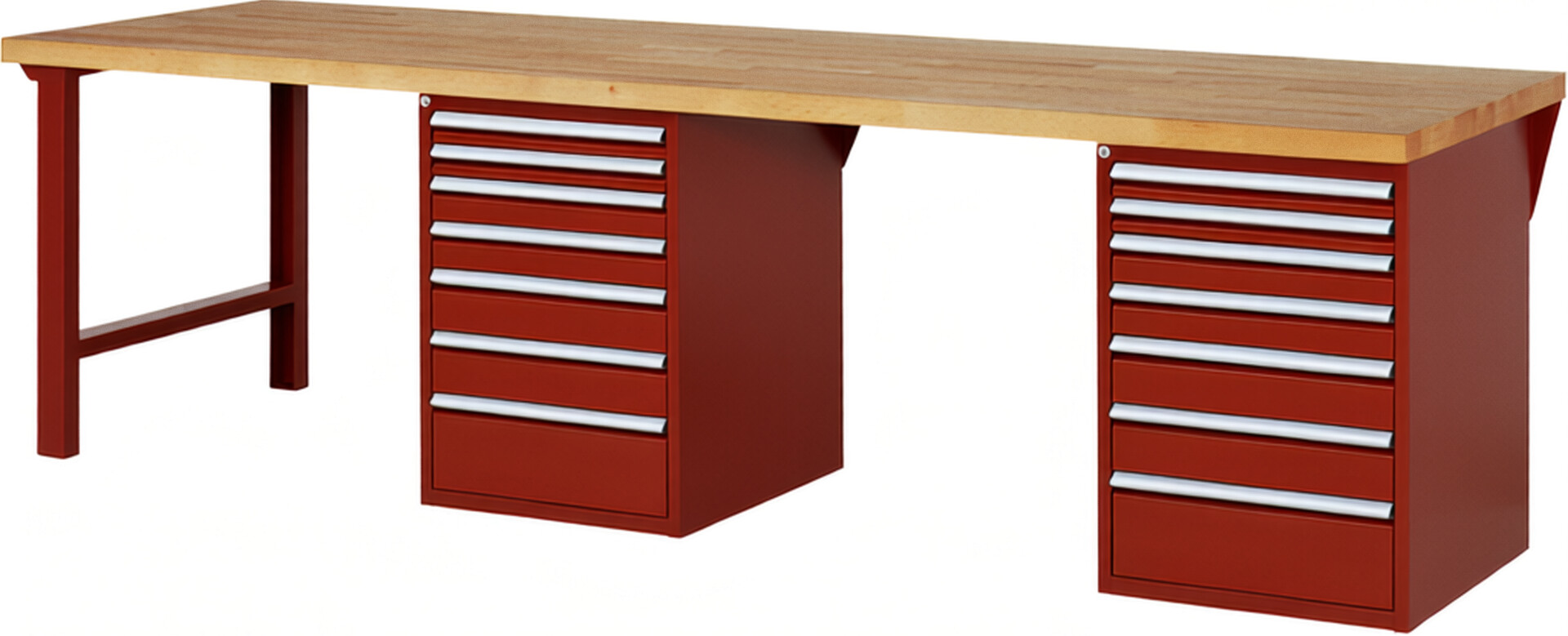 Werkbank Modell 7517 rot, BxTxH 3000x900x840 mm,  Buche-Massiv Arbeitsplatte 40 mm,  14 Schubladen mit  Auszug 90 %