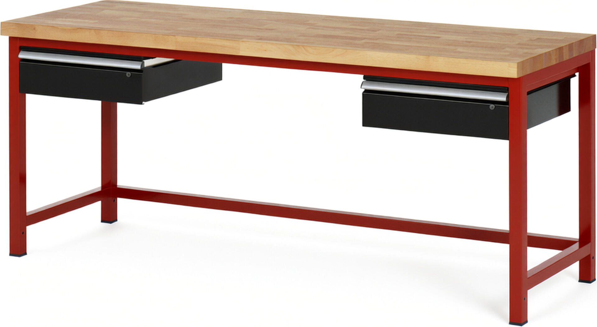 Werkbank Modell 8002 rot - schwarz, BxTxH 2000x700x840-1040 mm,  Buche-Massiv Arbeitsplatte 40 mm,  2 Schubladen mit  Auszug 90 %