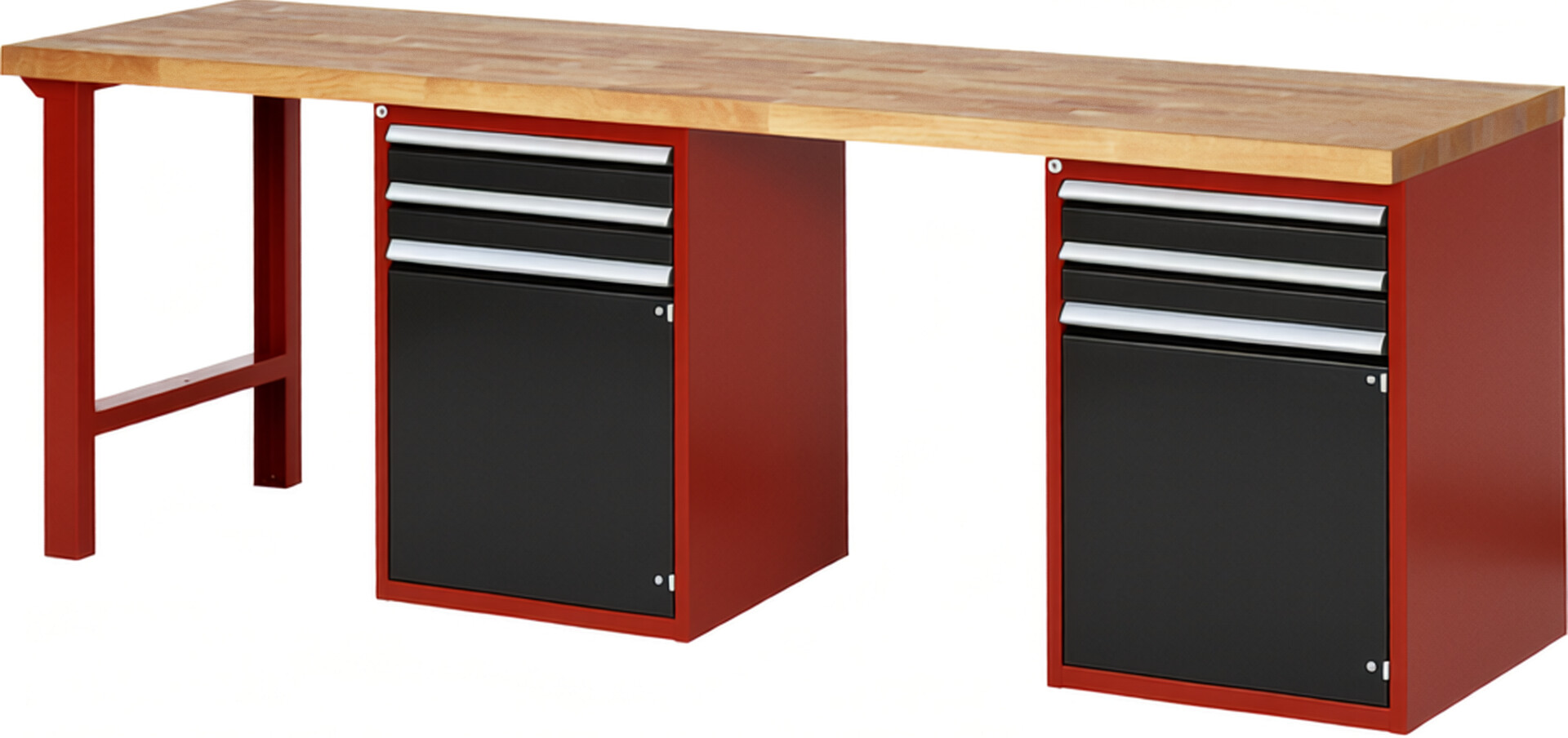 Werkbank Modell 7503 rot - schwarz, BxTxH 2500x700x840 mm,  Buche-Massiv Arbeitsplatte 40 mm,  4 Schubladen mit  Auszug 90 %