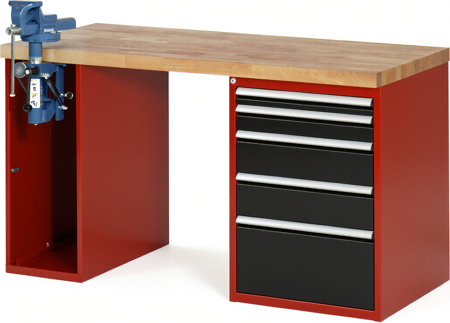 Werkbank Modell 7511 rot - schwarz, BxTxH 1500x700x840 mm,  Buche-Massiv Arbeitsplatte 40 mm,  5 Schubladen mit  Vollauszug 100 % und  SoftClosing