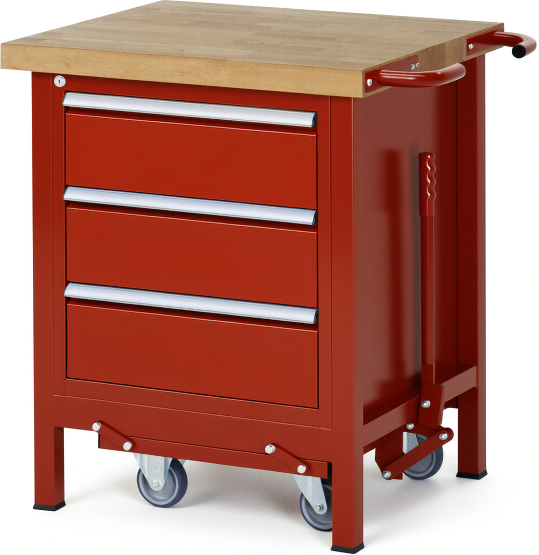 Absenkbare Werkbank Modell 8157 rot, BxTxH 750x700x880 mm,  Buche-Massiv Arbeitsplatte 40 mm,  3 Schubladen mit  Vollauszug 100 % und  SoftClosing