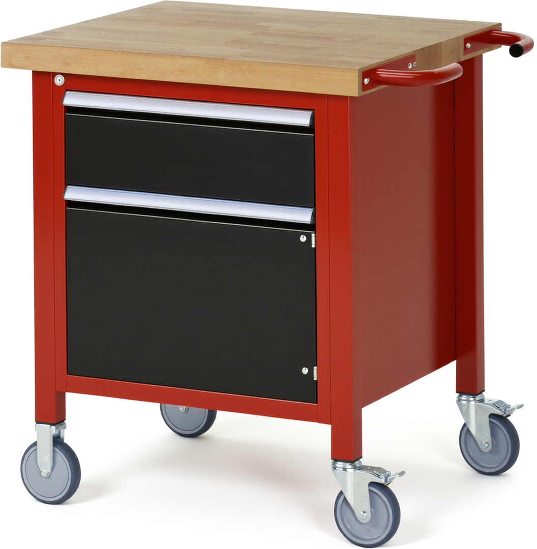 RAU Werkbank rot - schwarz - Breite 75 cm - Tiefe 70 cm - Höhe 88 cm - Buche-Massiv Arbeitsplatte 40 mm