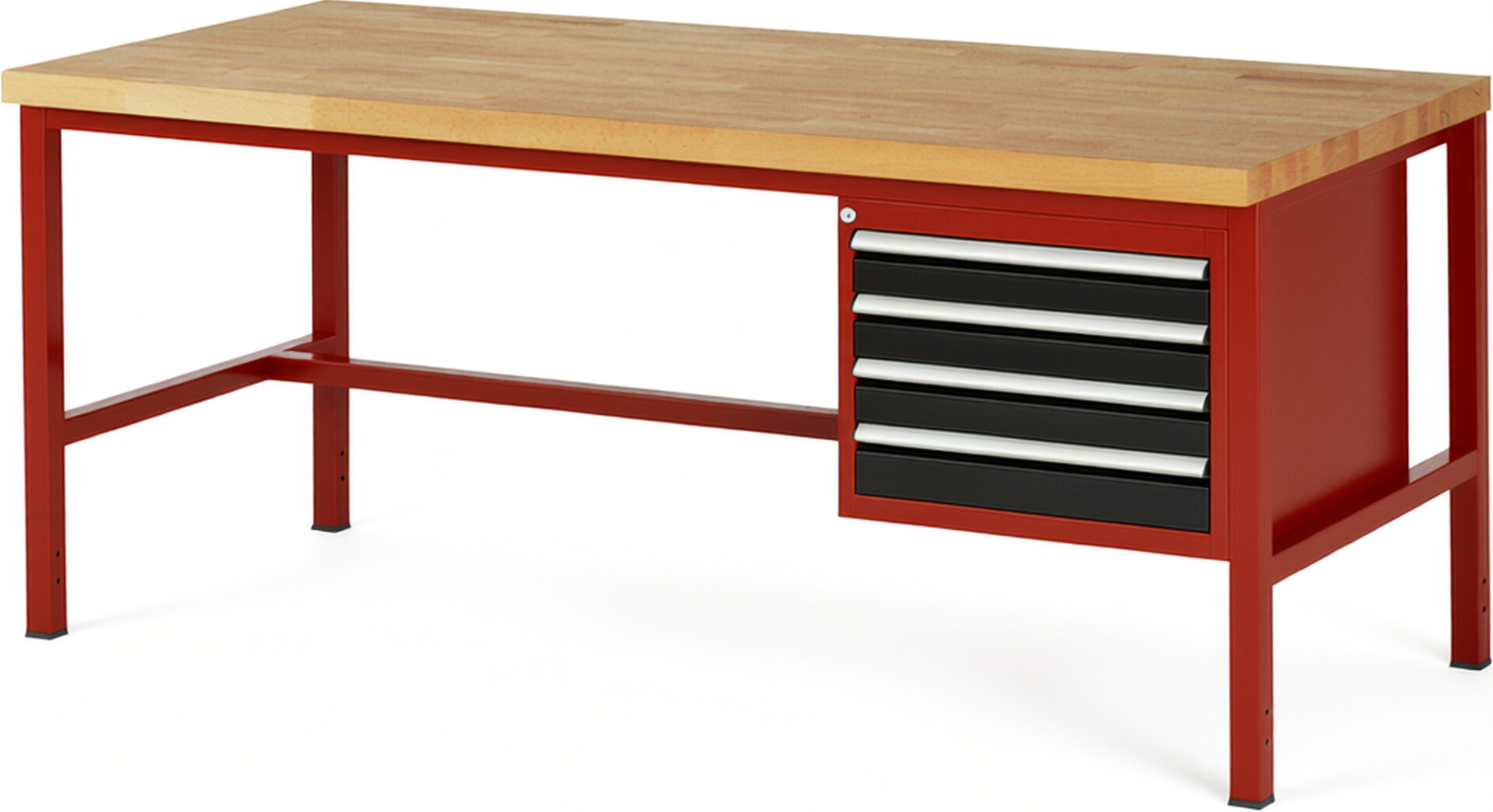 Werkbank Modell 8133 rot - schwarz, BxTxH 2000x900x840-1040 mm,  Buche-Massiv Arbeitsplatte 40 mm,  4 Schubladen mit  Vollauszug 100 % und  SoftClosing