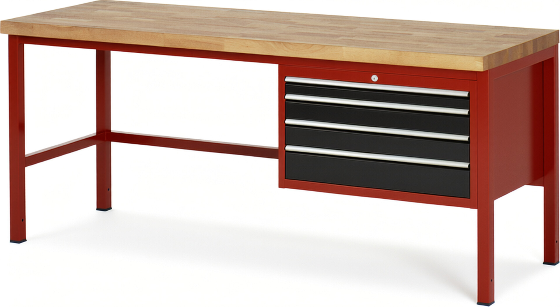 Werkbank Modell 8232 rot - schwarz, BxTxH 2000x700x840 mm,  Buche-Massiv Arbeitsplatte 40 mm,  4 Schubladen mit  Vollauszug 100 % und  SoftClosing