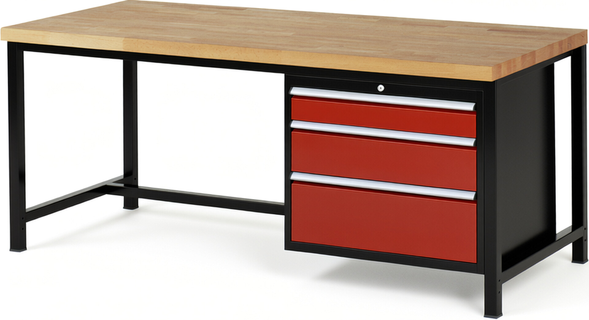 RAU Werkbank schwarz - rot - Breite 200 cm - Tiefe 90 cm - Höhe 104 cm - Buche-Massiv Arbeitsplatte 40 mm