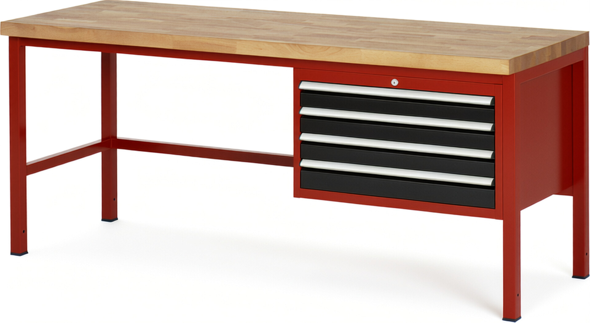 Werkbank Modell 8233 rot - schwarz, BxTxH 2000x700x840-1040 mm,  Buche-Massiv Arbeitsplatte 40 mm,  4 Schubladen mit  Vollauszug 100 % und  SoftClosing