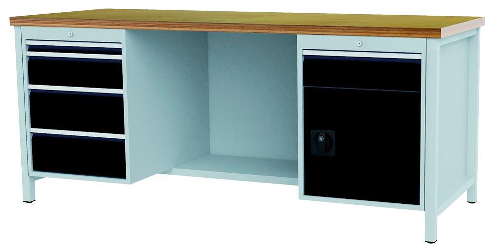 Werkbank, Platte Buche Multiplex 40 mm, BxTxH 2000x750x859 mm, 5 Schubladen 1x50, 2x150, 2x200  mm, 1 Tür 450 mm, RAL 7035/7016