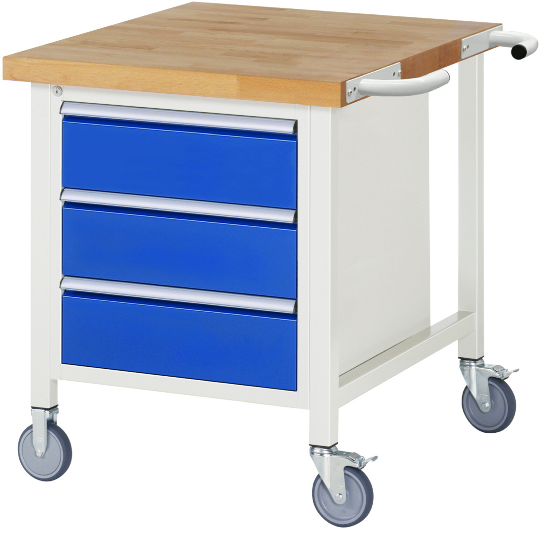 Fahrbare Werkbank Modell 8157,  BxTxH 750x900x880-1080 mm,  Buche-Massiv Arbeitsplatte 40 mm,  3 Schubladen mit  Vollauszug 100 % und  SoftClosing