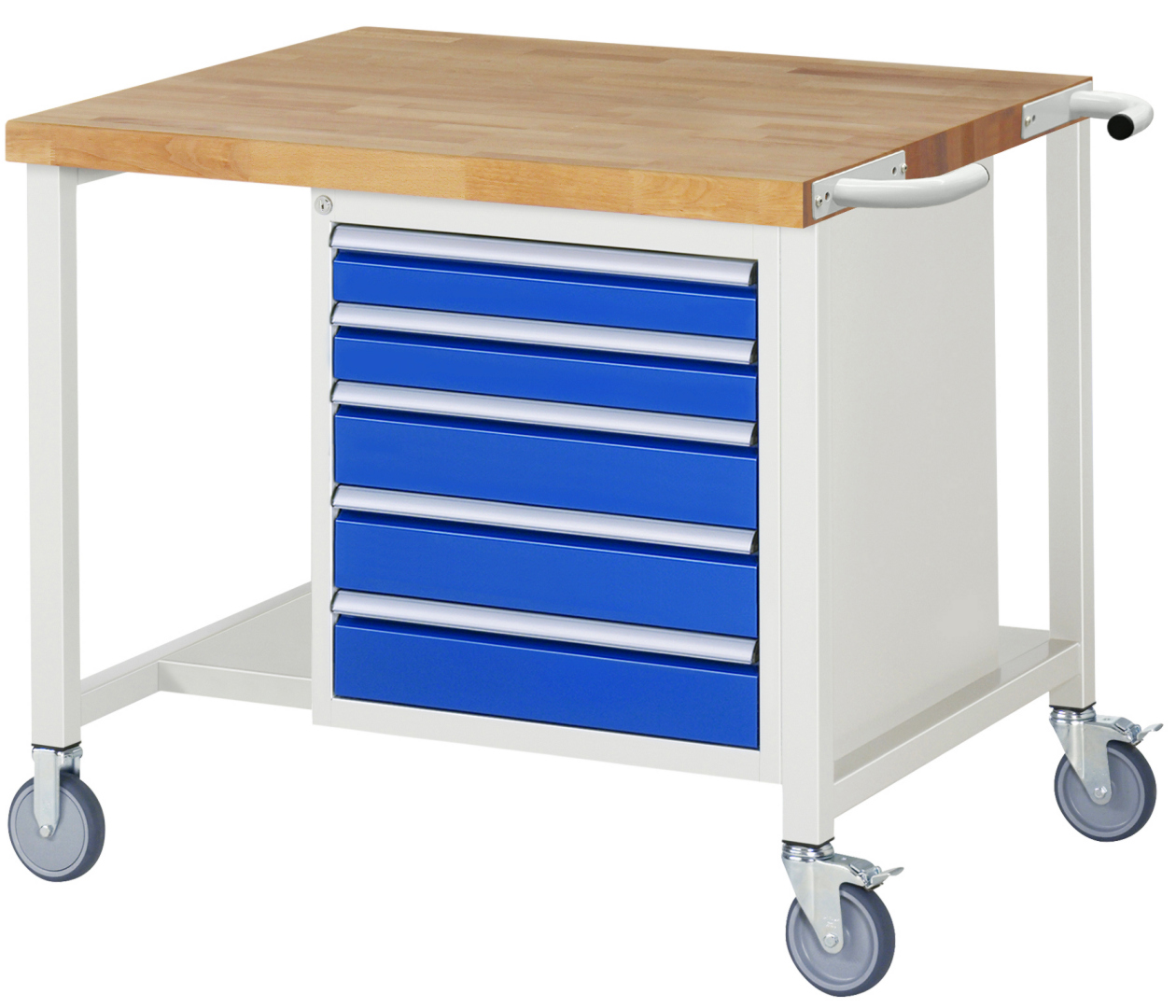 Fahrbare Werkbank Modell 8171,  BxTxH 1000x900x880-1080 mm,  Buche-Massiv Arbeitsplatte 40 mm,  5 Schubladen mit  Vollauszug 100 % und  SoftClosing