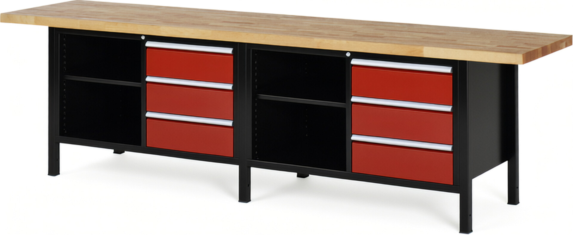 RAU Werkbank schwarz - rot - Breite 300 cm - Tiefe 70 cm - Höhe 104 cm - Buche-Massiv Arbeitsplatte 40 mm