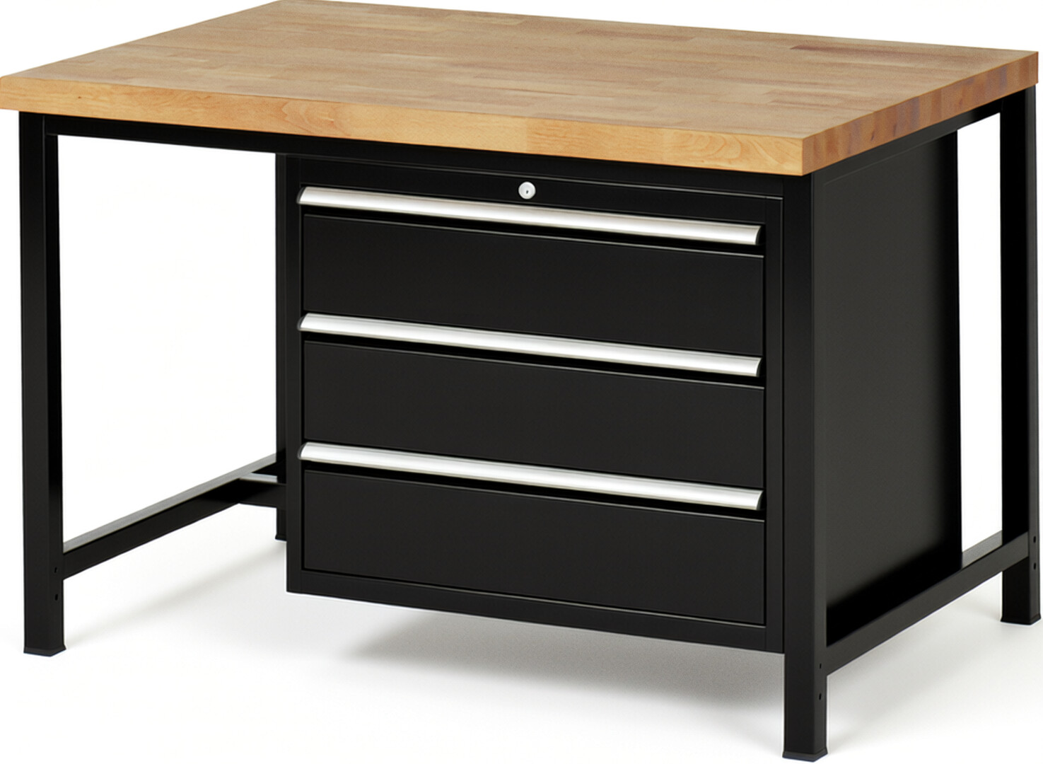 Werkbank Modell 8257 schwarz, BxTxH 1250x900x840 mm,  Buche-Massiv Arbeitsplatte 40 mm,  3 Schubladen mit  Vollauszug 100 % und  SoftClosing