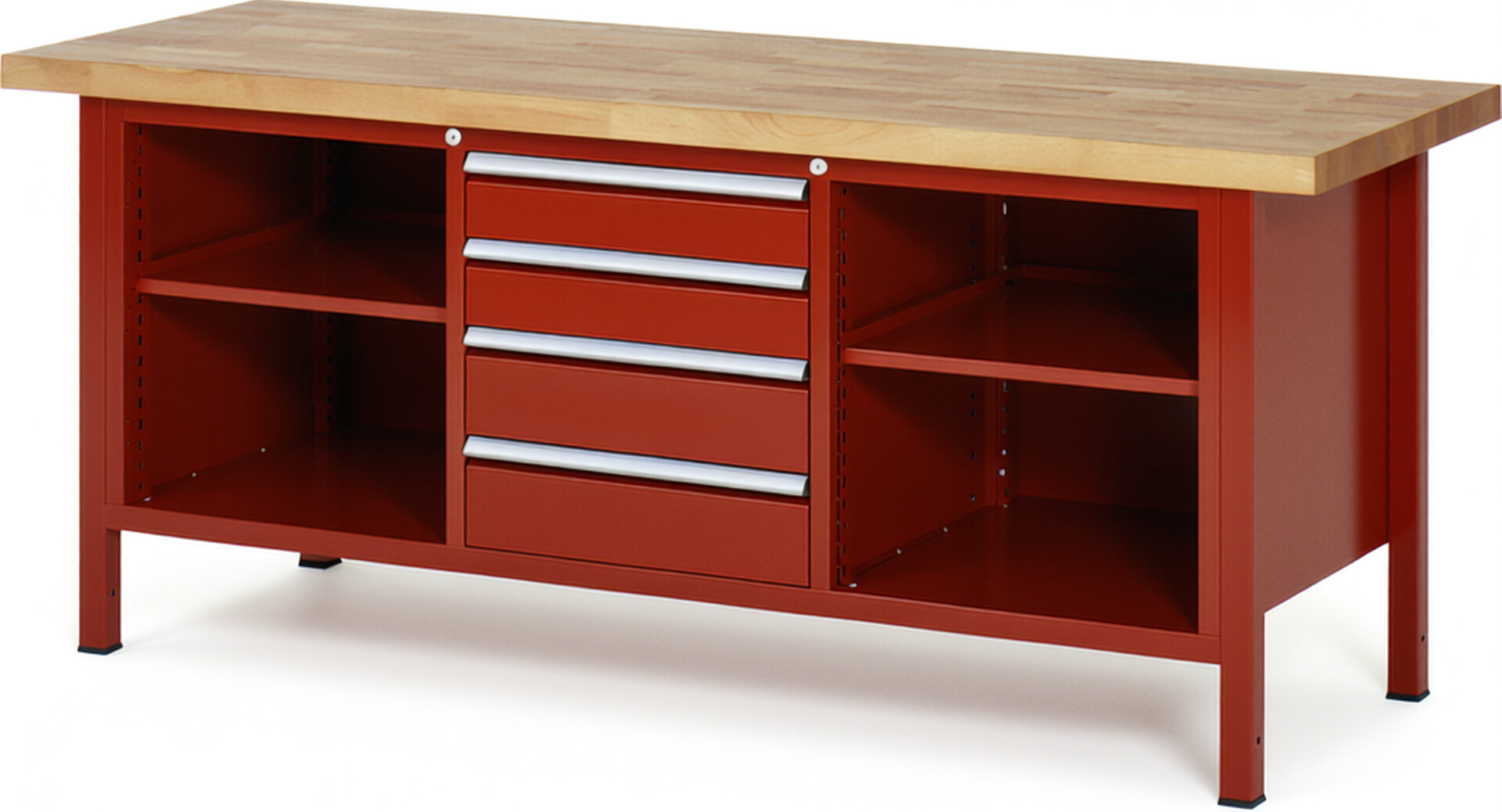 Werkbank Modell 8566 rot, BxTxH 2000x700x840 mm,  Buche-Massiv Arbeitsplatte 40 mm,  4 Schubladen mit  Auszug 90 %