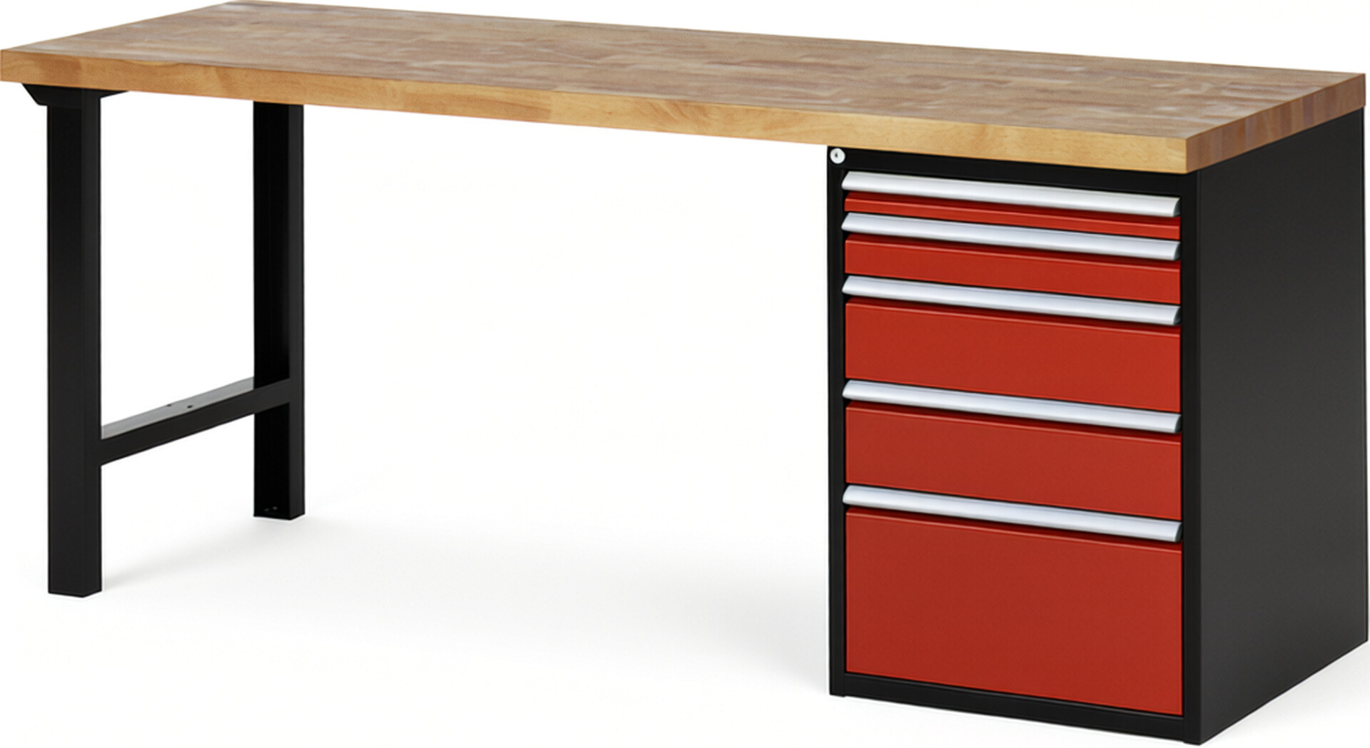 RAU Werkbank schwarz - rot - Breite 200 cm - Tiefe 70 cm - Höhe 89 cm - Buche-Massiv Arbeitsplatte 40 mm