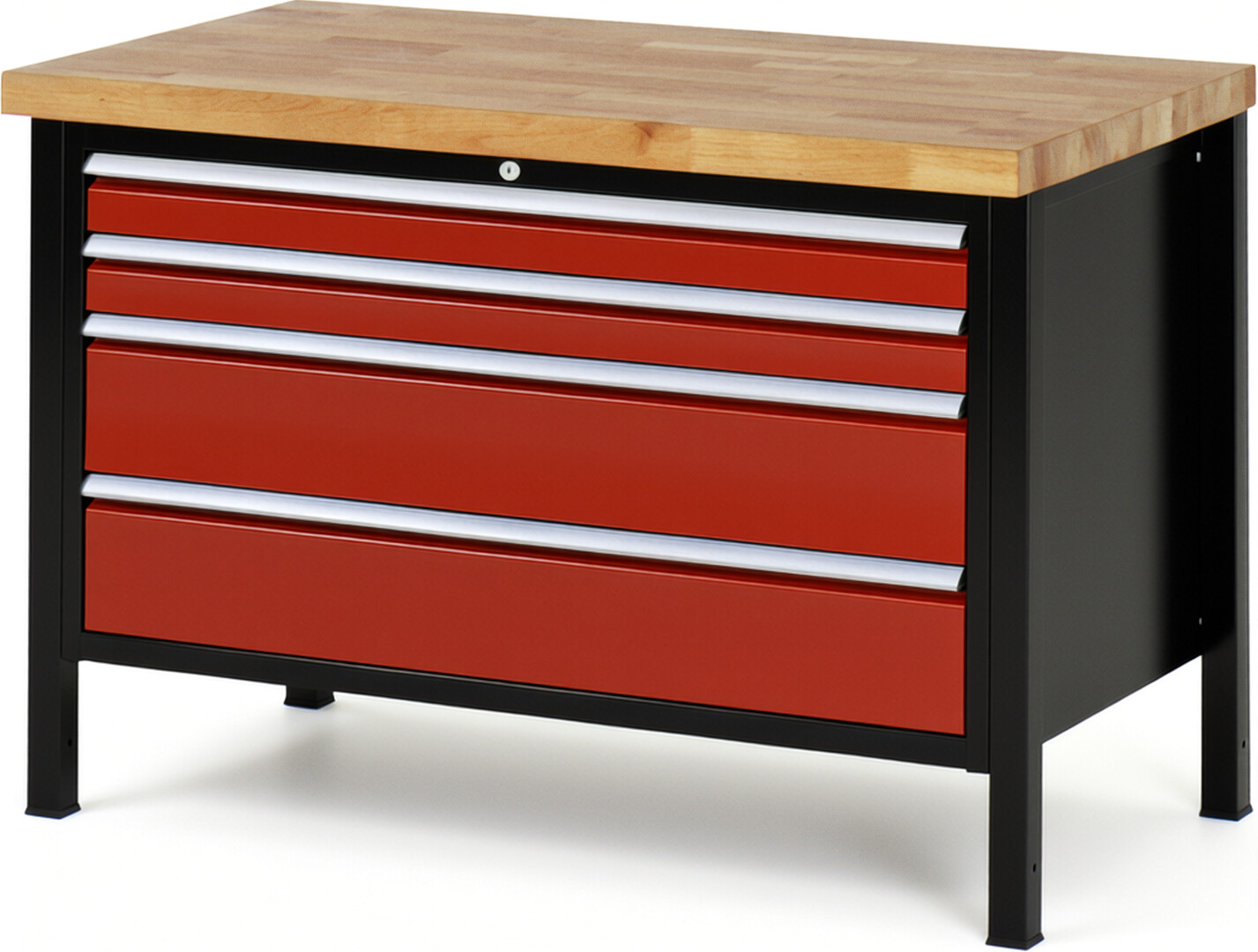 RAU Werkbank schwarz - rot - Breite 125 cm - Tiefe 70 cm - Höhe 104 cm - Buche-Massiv Arbeitsplatte 40 mm