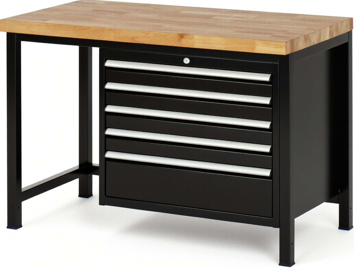 Werkbank Modell 8268 schwarz, BxTxH 1250x700x840-1040 mm,  Buche-Massiv Arbeitsplatte 40 mm,  5 Schubladen mit  Auszug 90 %