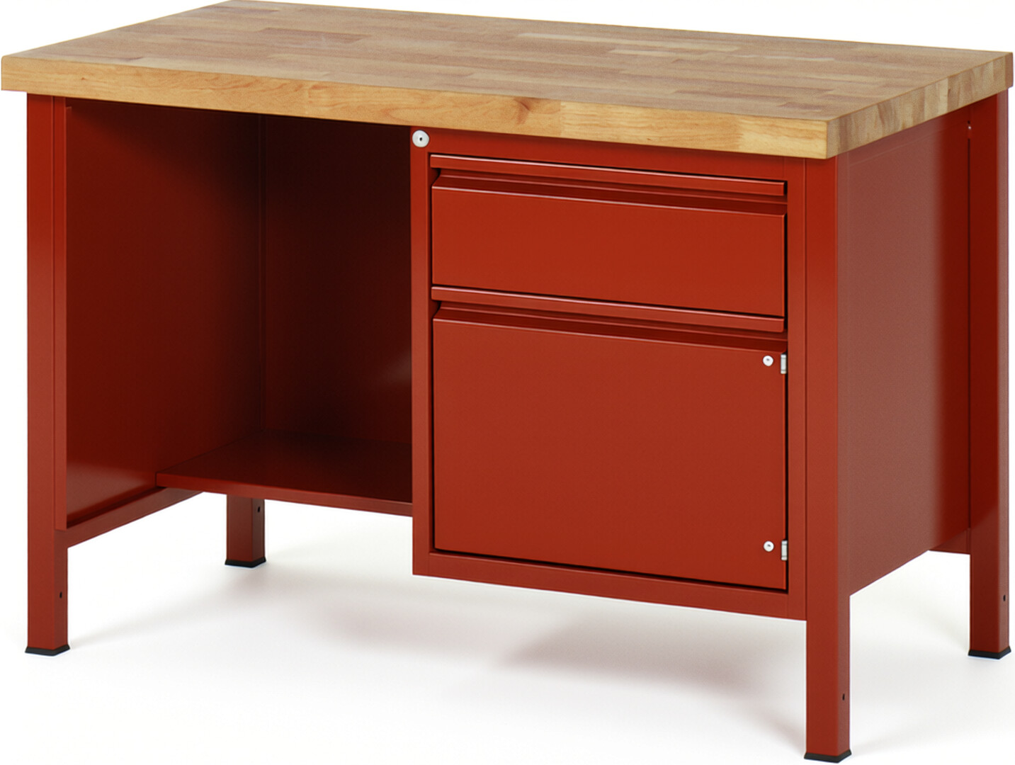 Werkbank - Modell 8455 BASIC rot, BxTxH 1250x700x840 mm,  Buche-Massiv Arbeitsplatte 40 mm,  1 Schublade mit  Auszug 90 %