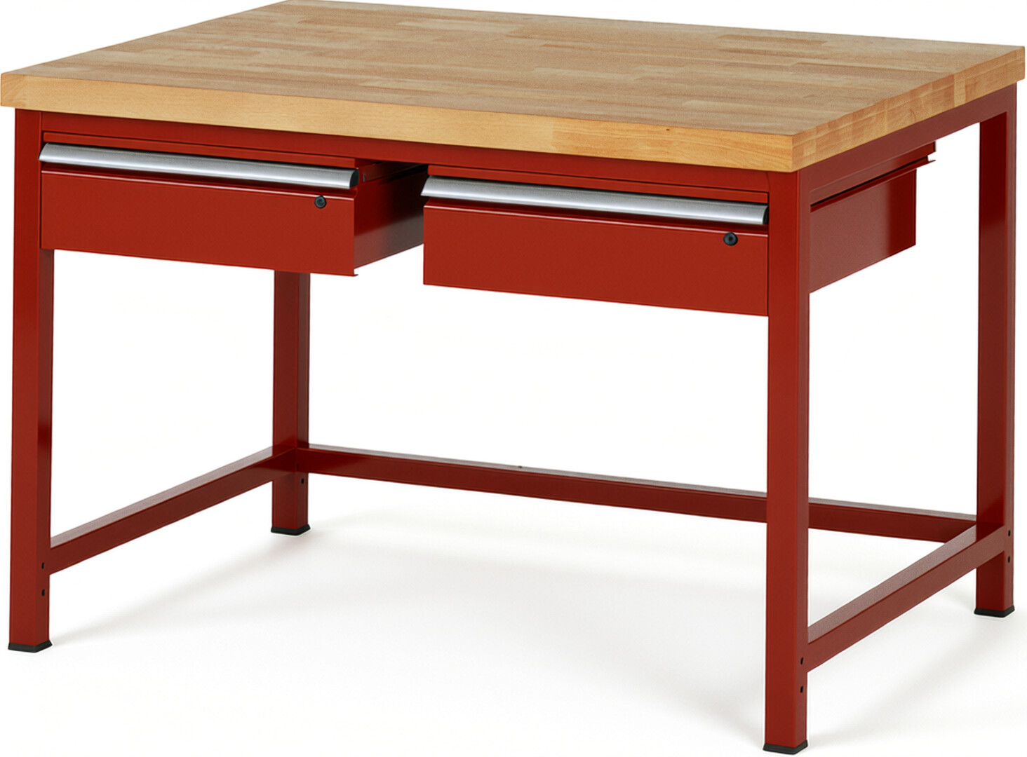 Werkbank Modell 8002 rot, BxTxH 1250x900x840-1040 mm,  Buche-Massiv Arbeitsplatte 40 mm,  2 Schubladen mit  Auszug 90 %