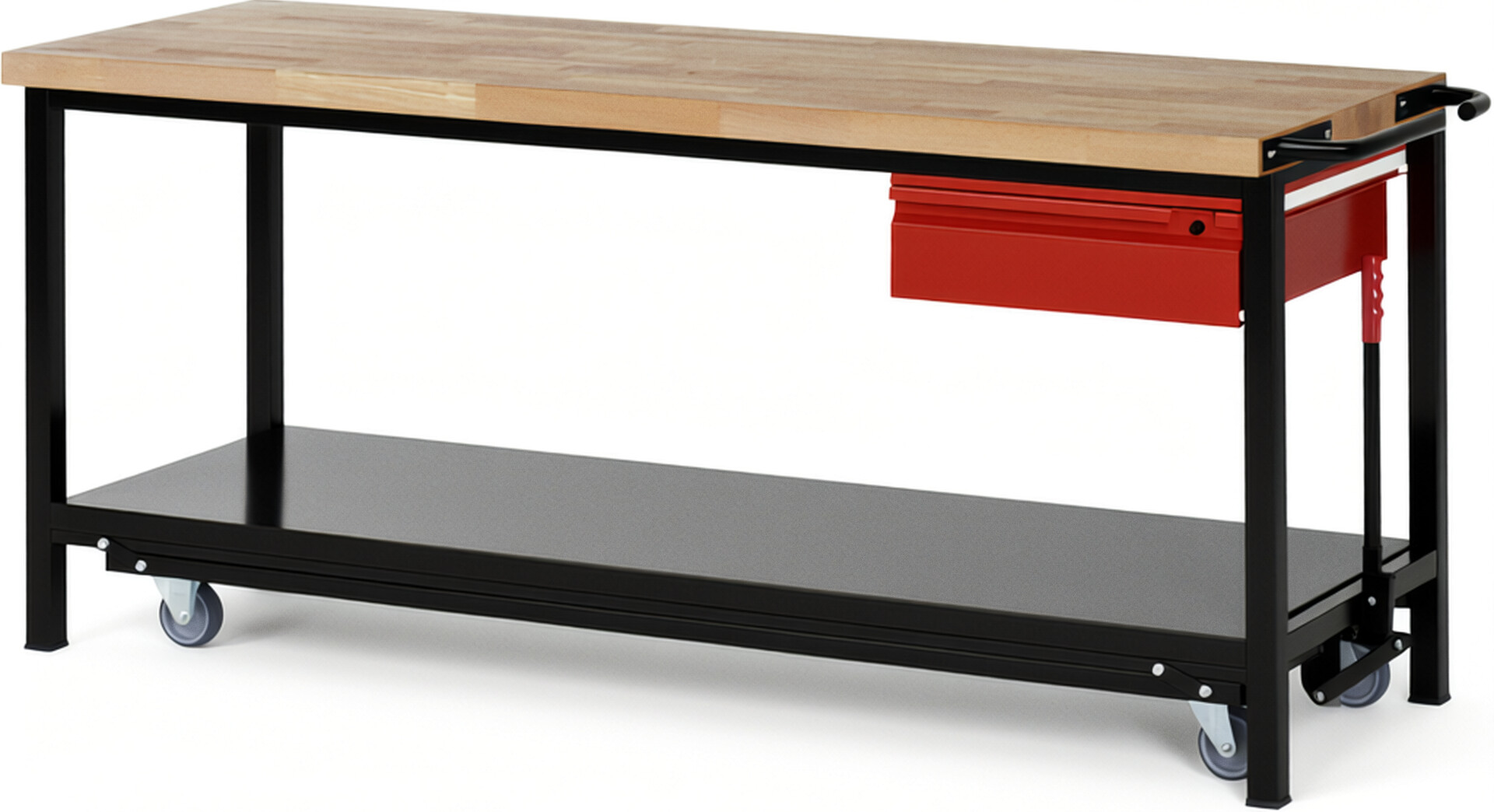 RAU Werkbank schwarz - rot - Breite 200 cm - Tiefe 70 cm - Höhe 88 cm - Buche-Massiv Arbeitsplatte 40 mm