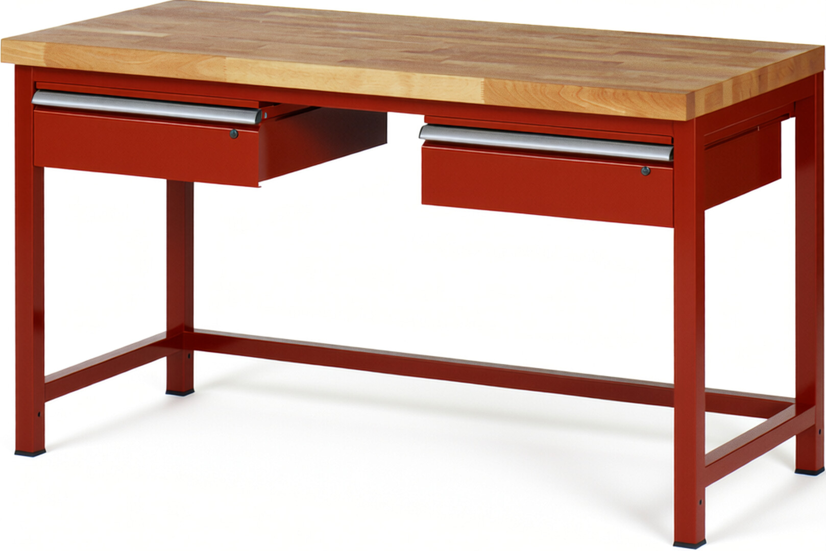 Werkbank Modell 8002 rot, BxTxH 1500x700x840-1040 mm,  Buche-Massiv Arbeitsplatte 40 mm,  2 Schubladen mit  Auszug 90 %