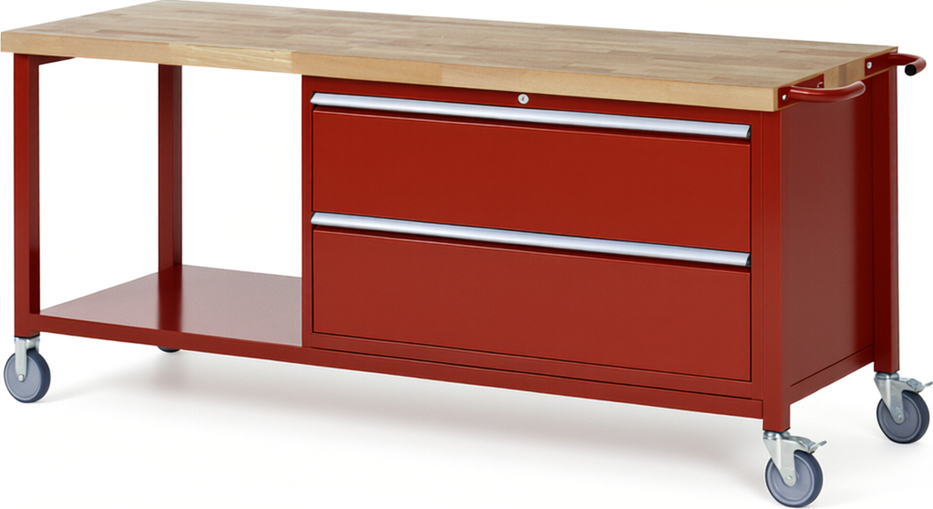Fahrbare Werkbank Modell 8355 rot, BxTxH 2000x700x880-1080 mm,  Buche-Massiv Arbeitsplatte 40 mm,  2 Schubladen mit  Auszug 90 %