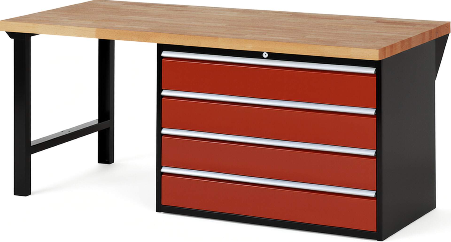 RAU Werkbank schwarz - rot - Breite 200 cm - Tiefe 90 cm - Höhe 89 cm - Buche-Massiv Arbeitsplatte 40 mm