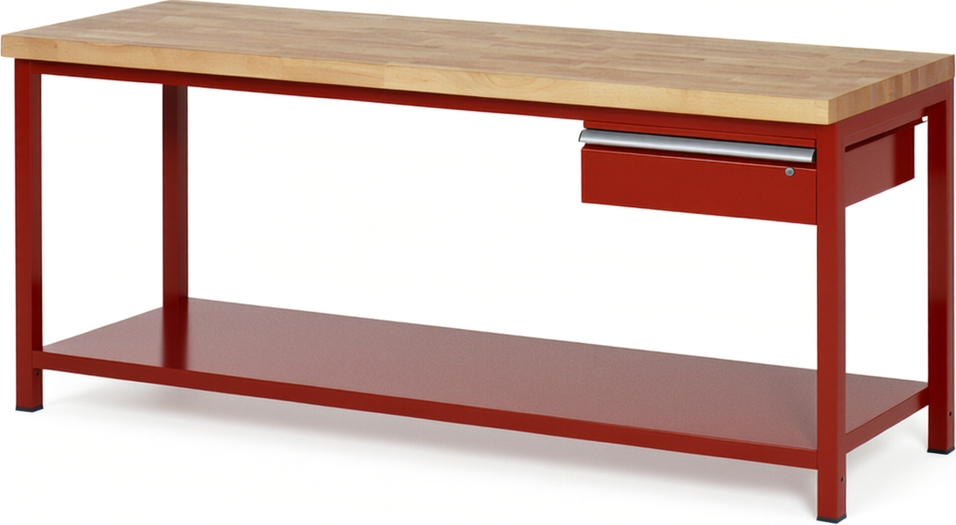 Werkbank Modell 8001 rot, BxTxH 2000x700x840 mm,  Buche-Massiv Arbeitsplatte 40 mm,  1 Schublade mit  Auszug 90 %