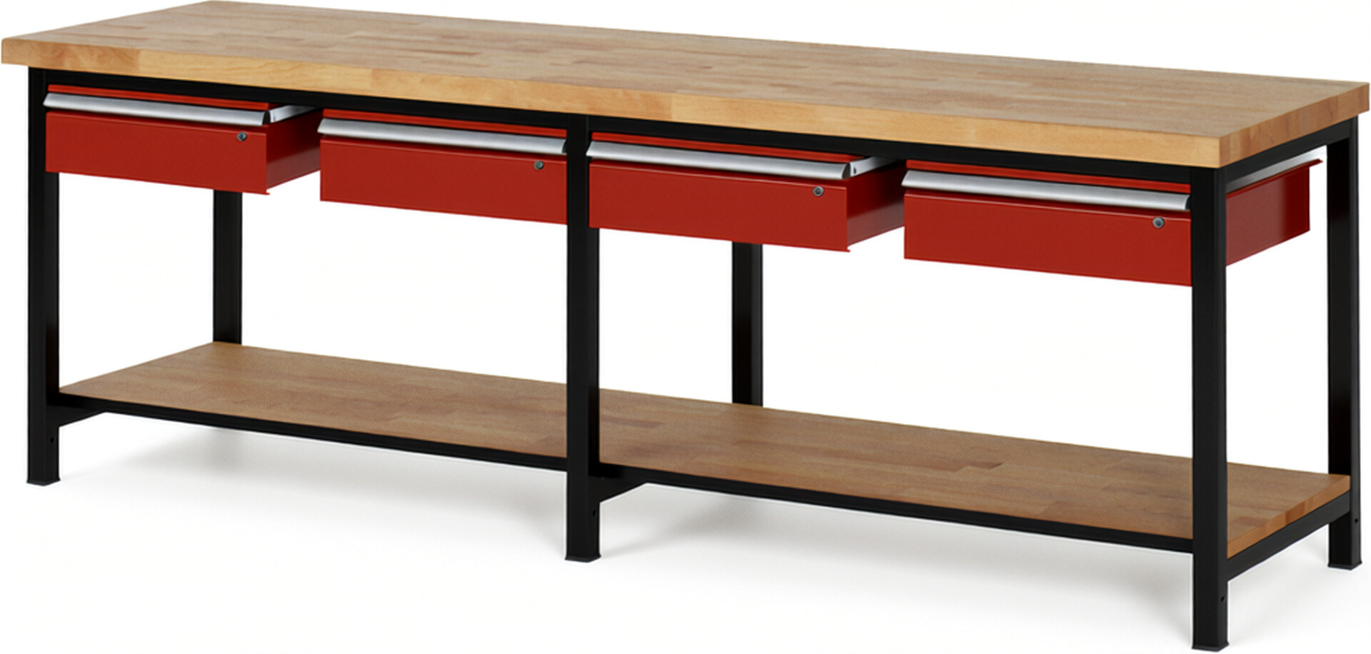 RAU Werkbank schwarz - rot - Breite 250 cm - Tiefe 70 cm - Höhe 104 cm - Buche-Massiv Arbeitsplatte 40 mm