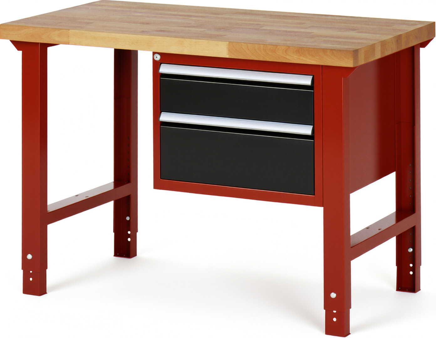 Werkbank Modell 7123 rot - schwarz, BxTxH 1250x700x790-1140 mm,  Buche-Massiv Arbeitsplatte 40 mm,  2 Schubladen mit  Vollauszug 100 % und  SoftClosing
