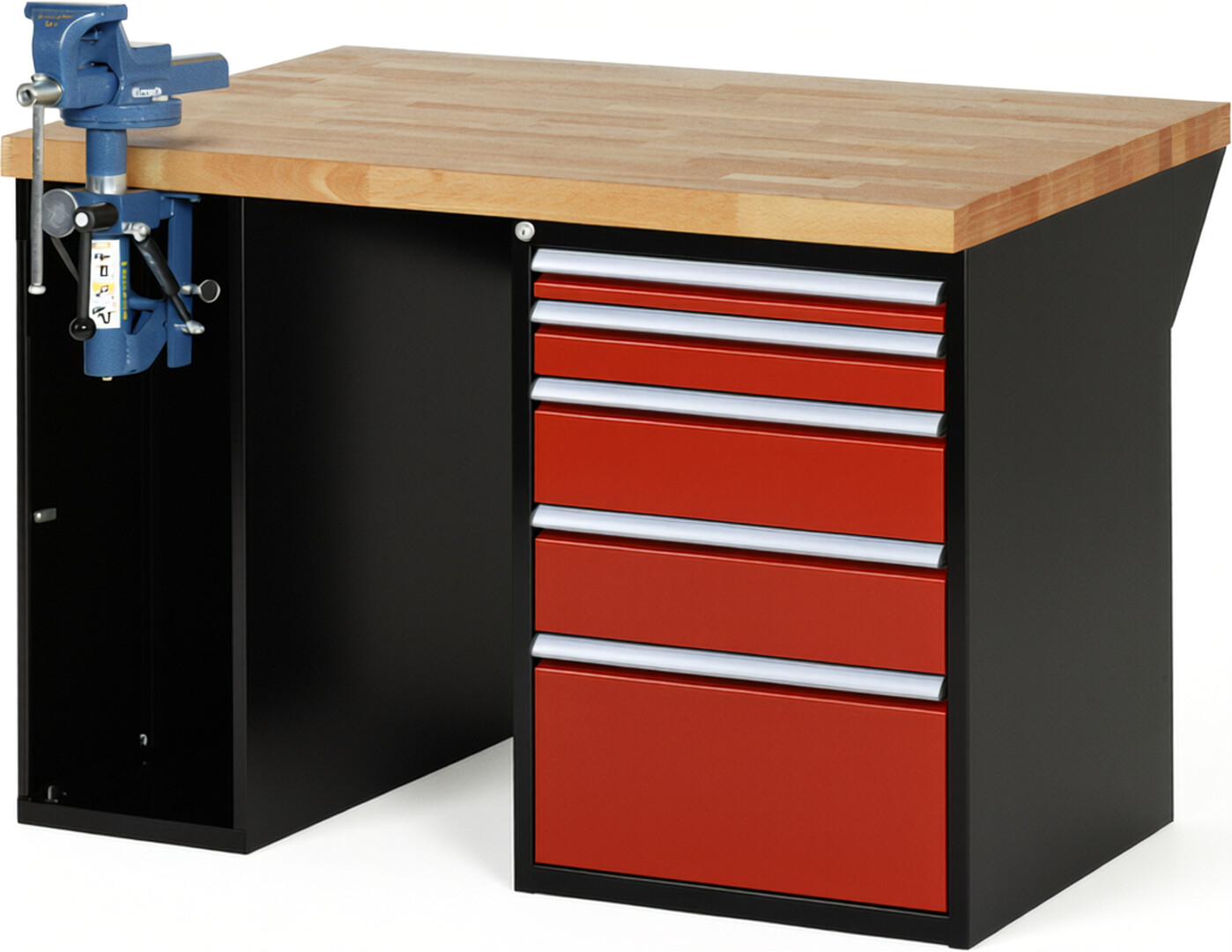 RAU Werkbank schwarz - rot - Breite 125 cm - Tiefe 90 cm - Höhe 89 cm - Buche-Massiv Arbeitsplatte 40 mm