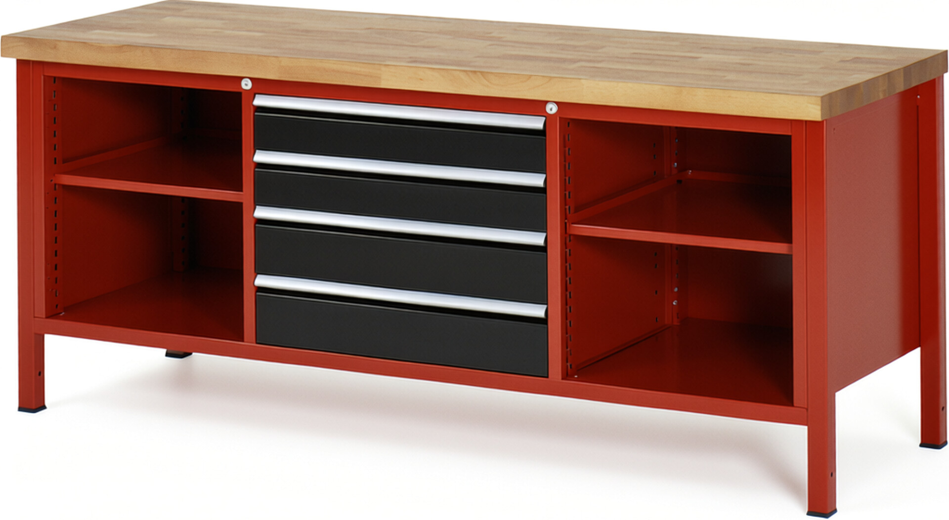 Werkbank Modell 8751 rot - schwarz, BxTxH 2000x700x840-1040 mm,  Buche-Massiv Arbeitsplatte 40 mm,  4 Schubladen mit  Auszug 90 %