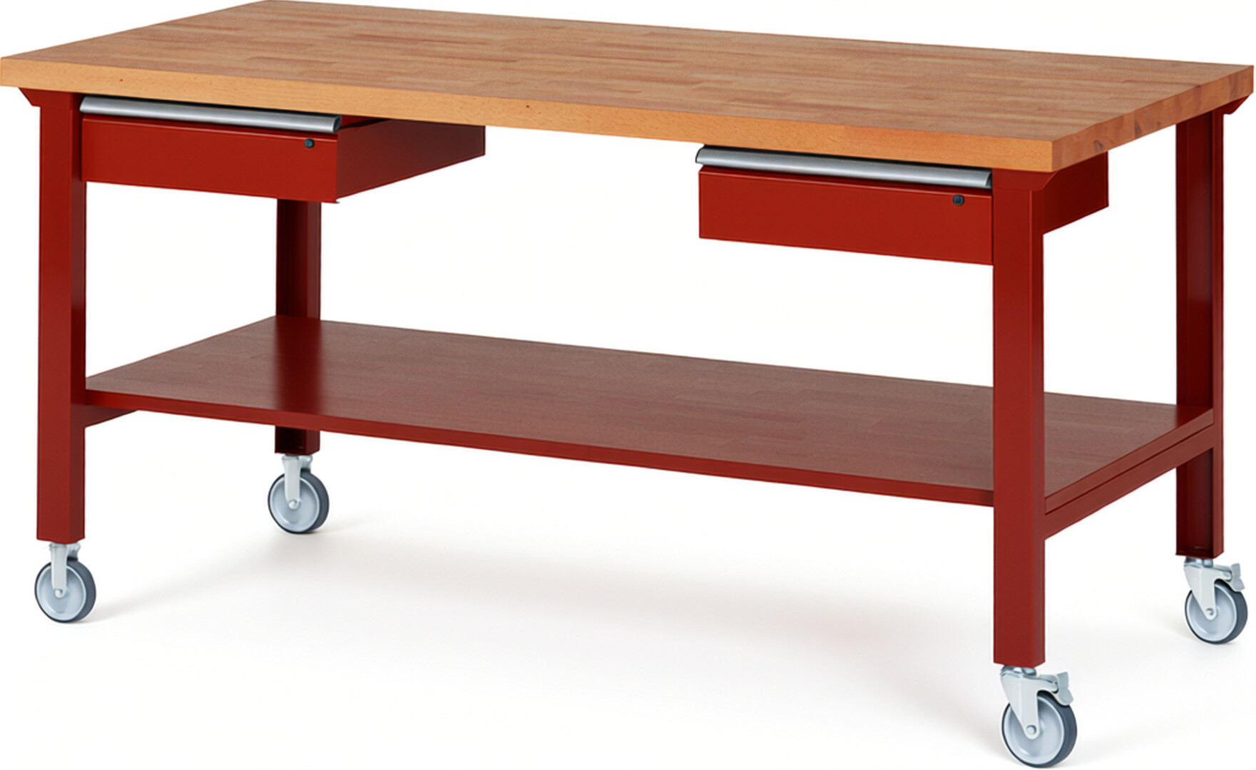 Fahrbare Werkbank Modell 7002 rot, BxTxH 2000x900x1000 mm,  Buche-Massiv Arbeitsplatte 40 mm,  2 Schubladen mit  Auszug 90 %