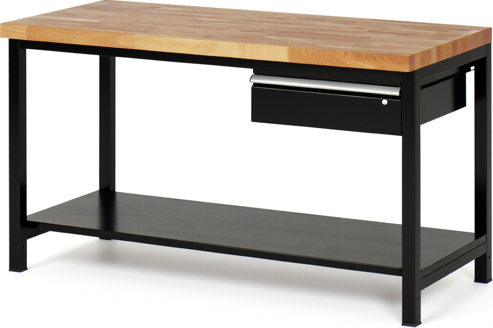 Werkbank Modell 8001 schwarz, BxTxH 1500x700x840-1040 mm,  Buche-Massiv Arbeitsplatte 40 mm,  1 Schublade mit  Auszug 90 %