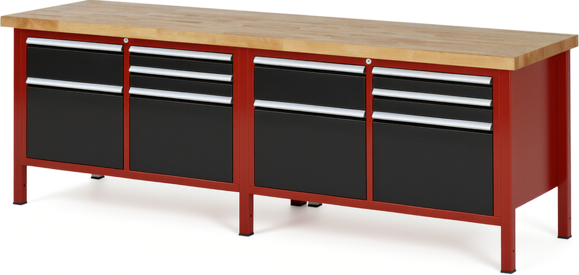 Werkbank Modell 8472 rot - schwarz, BxTxH 2500x700x840-1040 mm,  Buche-Massiv Arbeitsplatte 40 mm,  10 Schubladen mit  Vollauszug 100 % und  SoftClosing