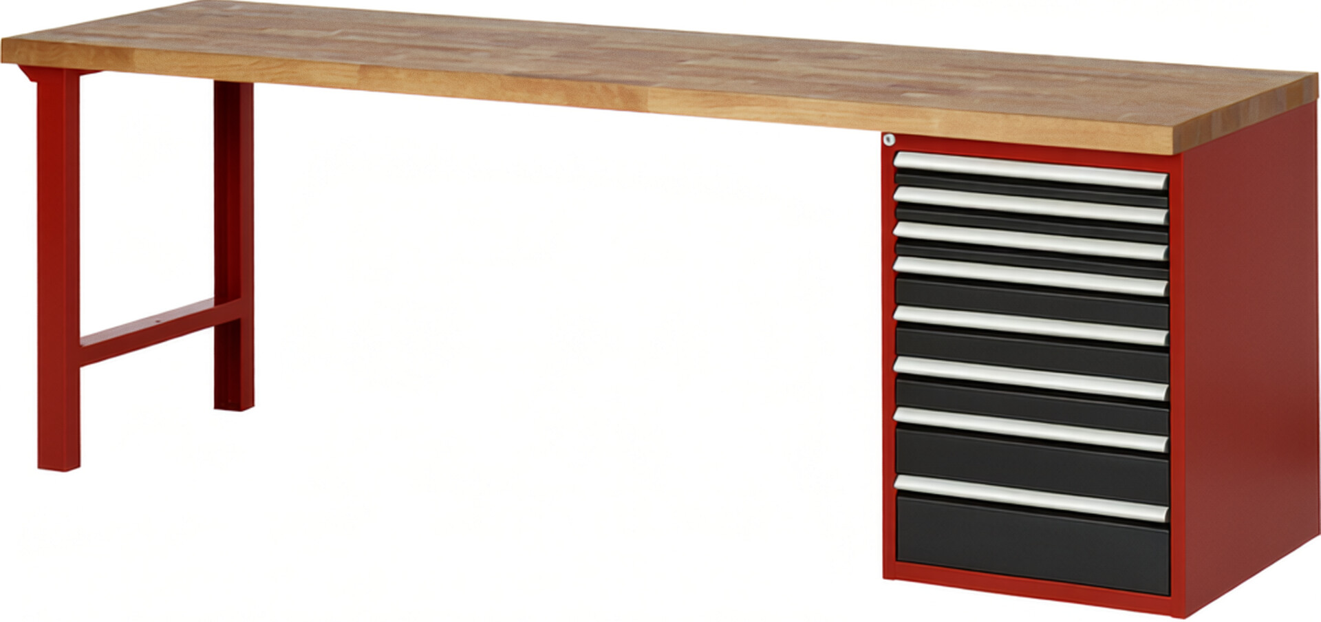 Werkbank Modell 7519 rot - schwarz, BxTxH 2500x700x840 mm,  Buche-Massiv Arbeitsplatte 40 mm,  8 Schubladen mit  Vollauszug 100 % und  SoftClosing