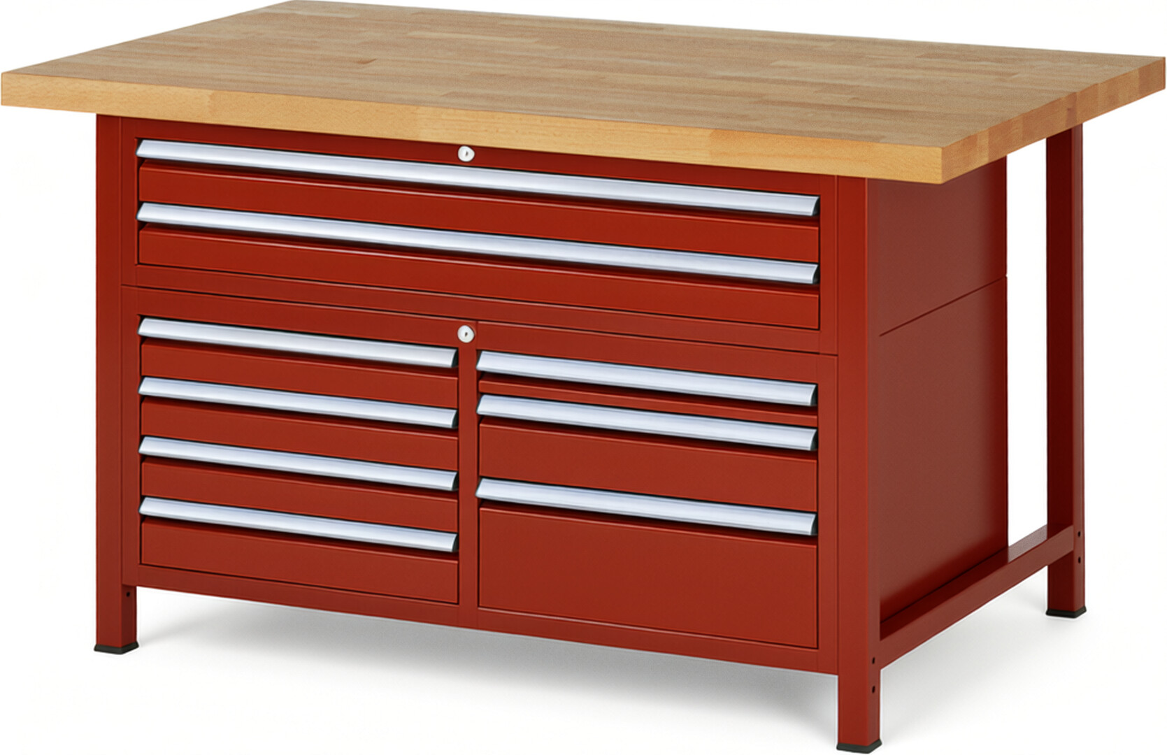 RAU Werkbank rot - Breite 150 cm - Tiefe 90 cm - Höhe 104 cm - Buche-Massiv Arbeitsplatte 40 mm