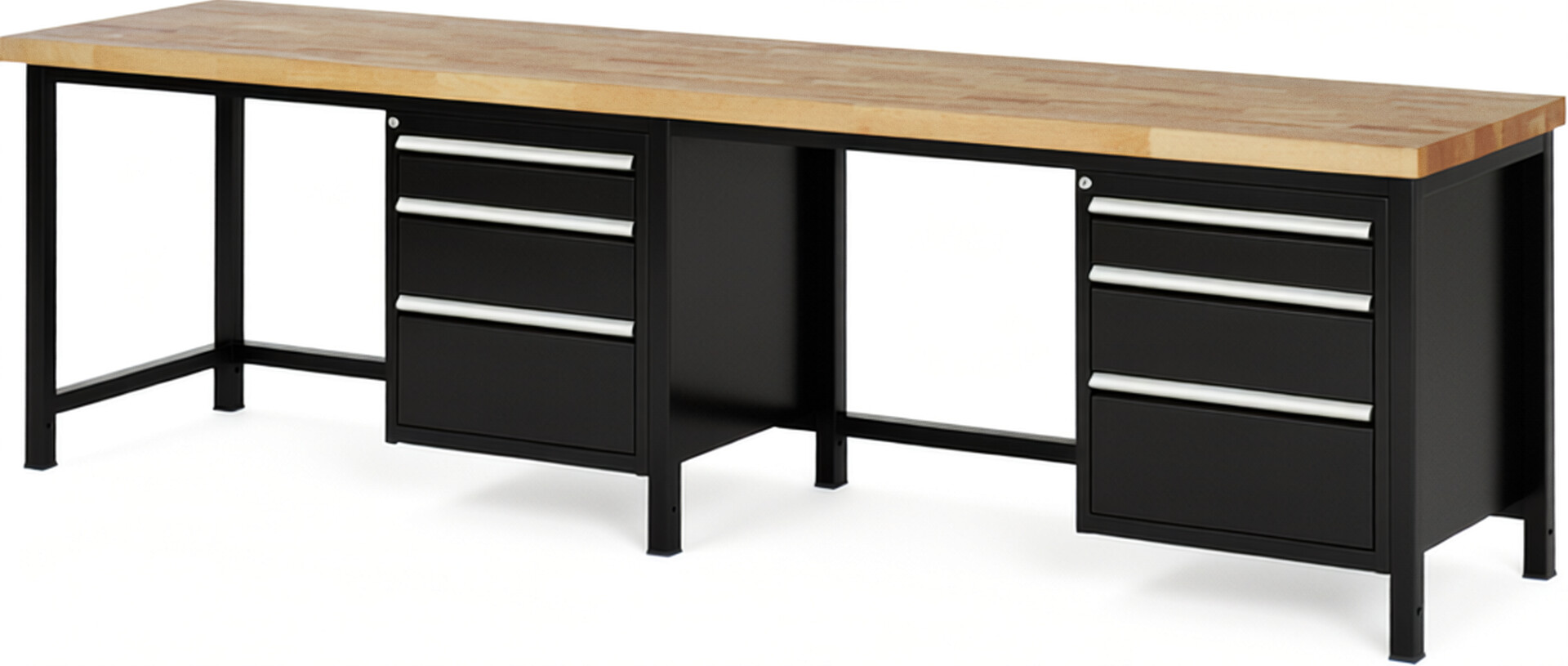 Werkbank Modell 8159 schwarz, BxTxH 3000x700x840-1040 mm,  Buche-Massiv Arbeitsplatte 40 mm,  6 Schubladen mit  Auszug 90 %