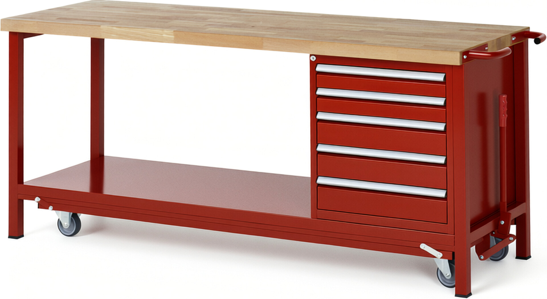 Absenkbare Werkbank Modell 8171 rot, BxTxH 2000x700x880 mm,  Buche-Massiv Arbeitsplatte 40 mm,  5 Schubladen mit  Auszug 90 %