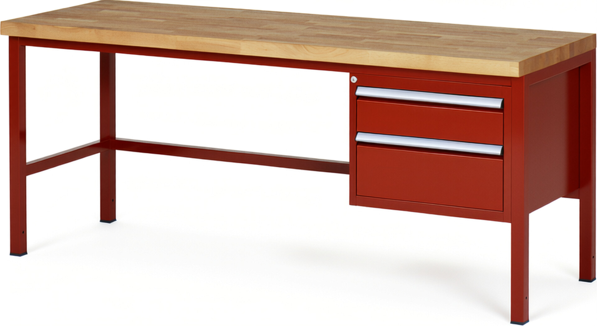Werkbank Modell 8123 rot, BxTxH 2000x700x840-1040 mm,  Buche-Massiv Arbeitsplatte 40 mm,  2 Schubladen mit  Auszug 90 %